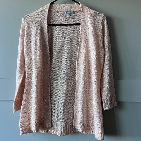 NY Collection Cardigan Women XS Open Weave Pink Sequins 3/4 Sleeve Barbie Core - Picture 1 of 13